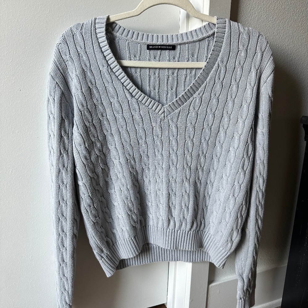 Brandy Melville Light Blue Ida Cotton Cable Knit V-Neck Sweater